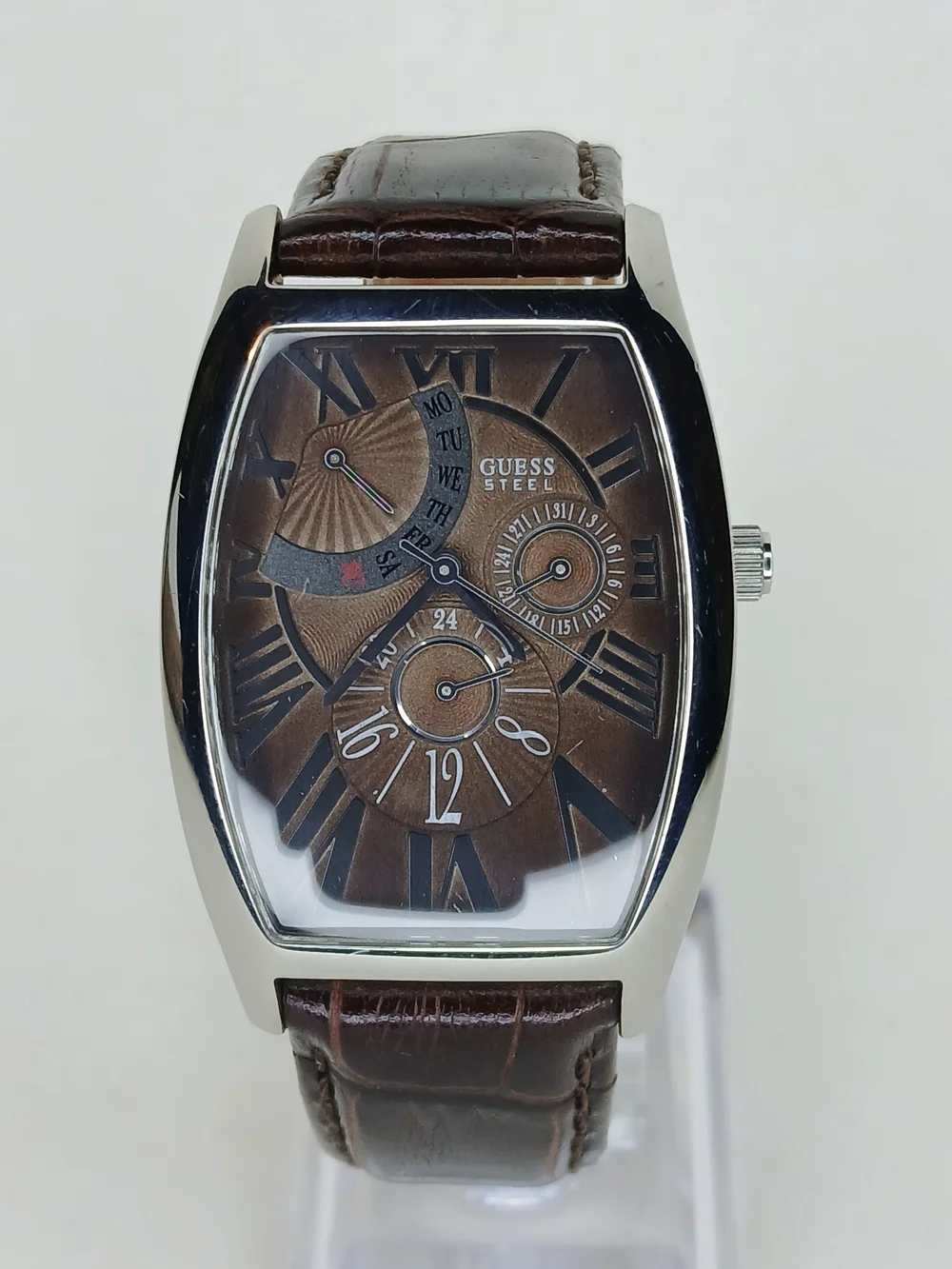 ​GUESS Steel Watch G12550G Tonneau Case Brown Dial Orig Brown Leather Strap